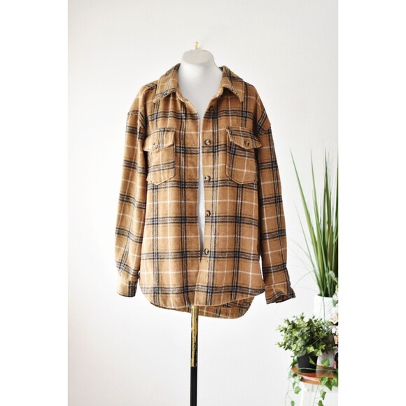 With Love Ymi Fleece Shacket Woman's M Y2K Brown Tan Plaid Bella Swan Granola - Picture 1 of 8
